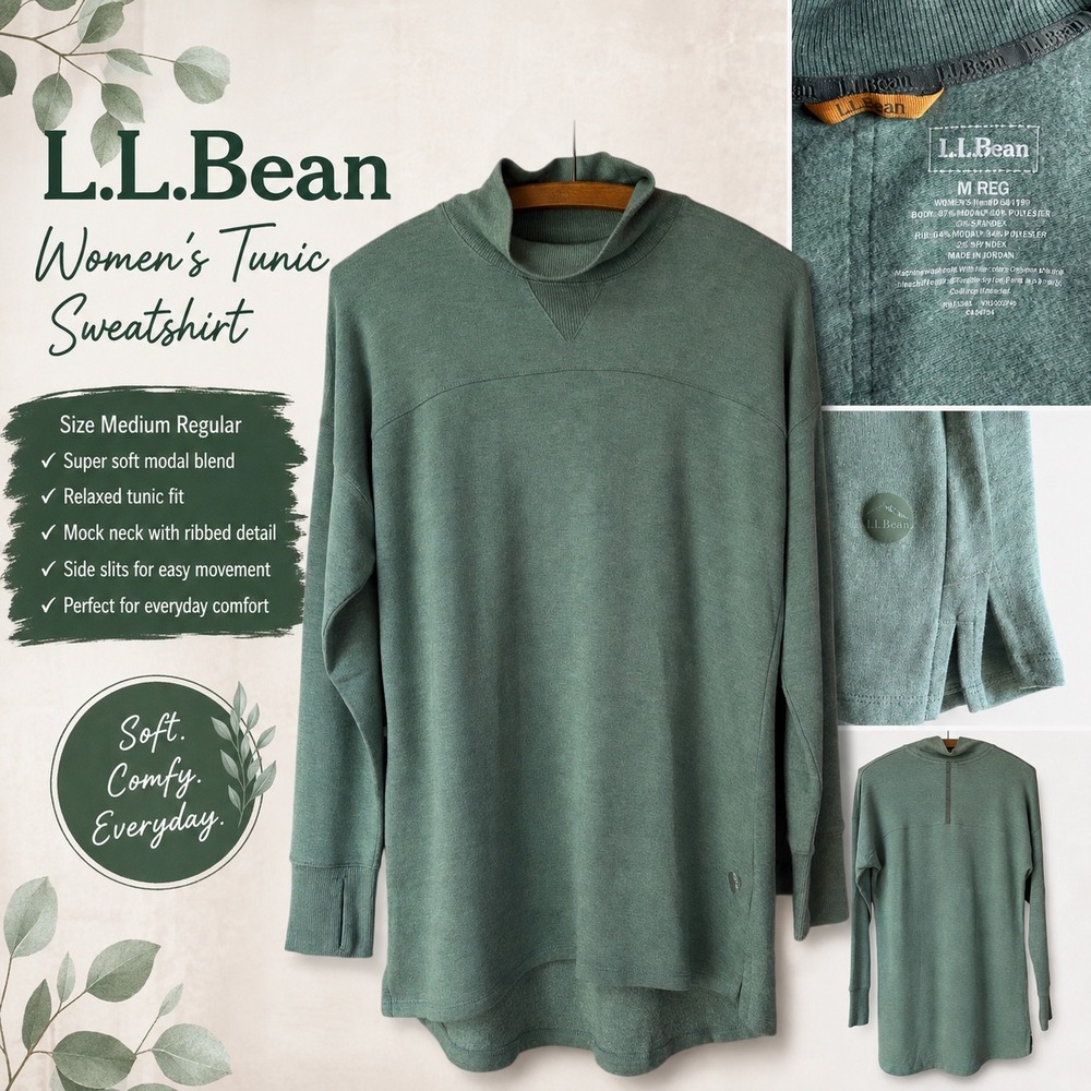 LL Bean Womens Tunic Sweatshirt Sage Green Mock Neck Modal Blend M BB010